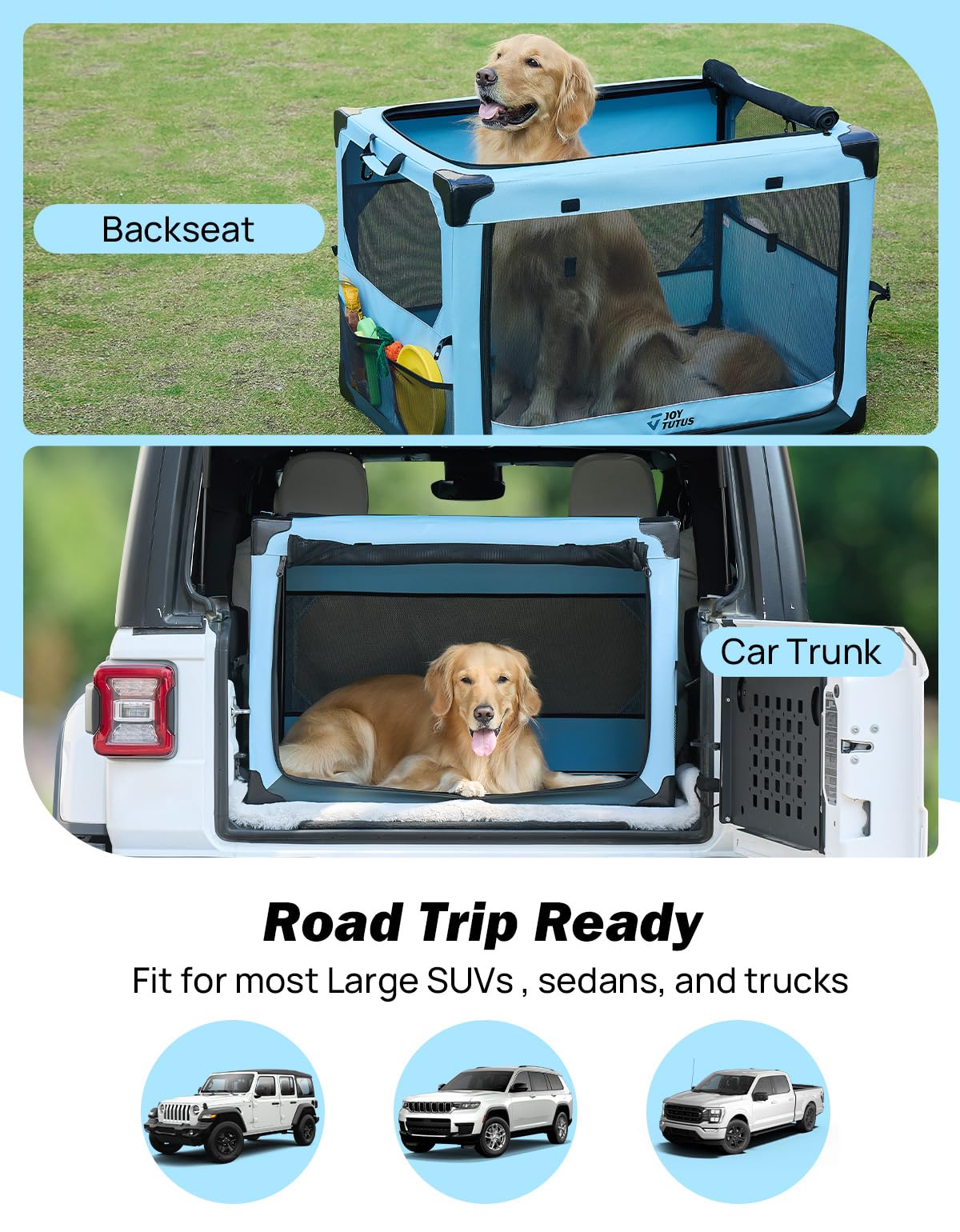 JOYTUTUS Cage pliable pour chien de 94,4 cm – Cage de transport portable pour voiture – Cage de voyage pliable pour grand chien de 31,8 kg – Sac de transport souple pour intérieur et extérieur/coffre