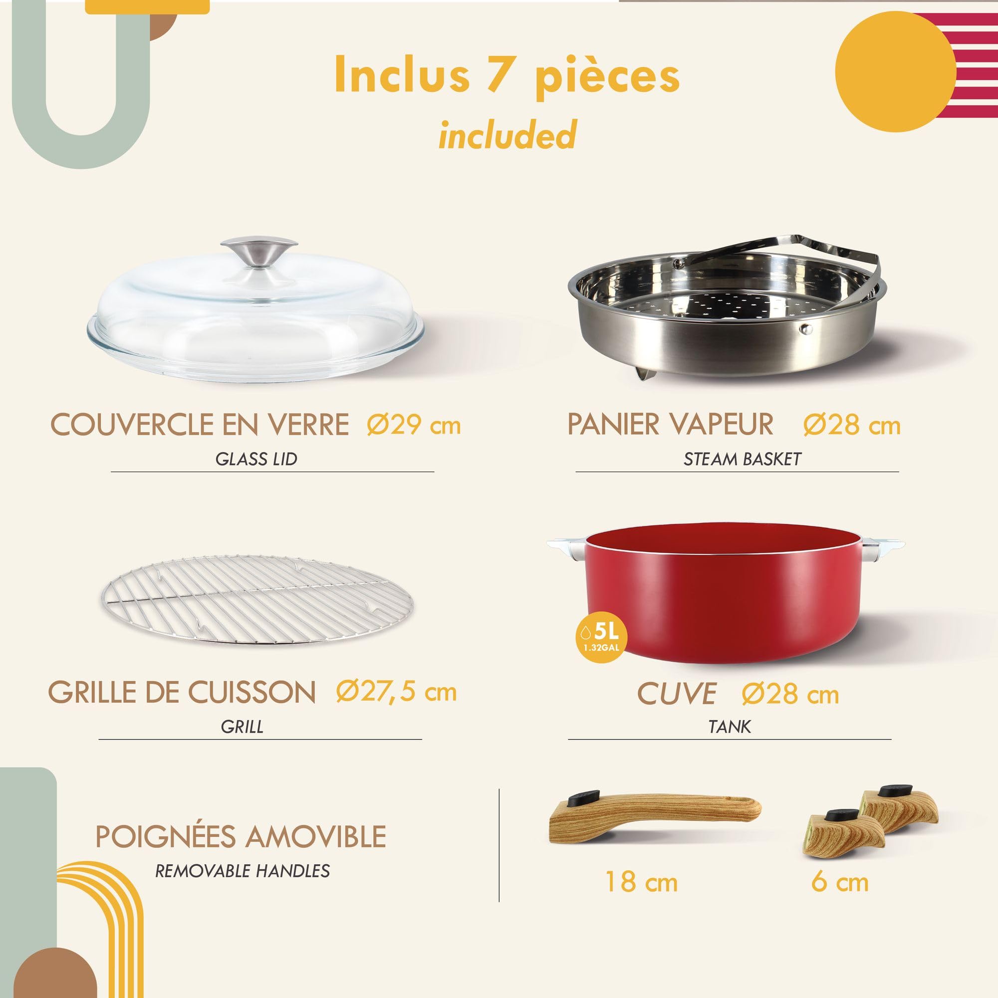 MENASTYL - Set culinaire multi-usages amovible Magenta 28cm en aluminium - Ustensile tout-en-un compatible tous feux et lave-vaisselle - Revêtement en céramique - 6020895