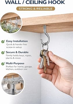 Washing Line Hook Clothes Line Hooks Heavy Duty Screw Wall Mount Hangers Rust Resistance Ceiling Cup Hook With Wall Plug Iron Metal Clothesline Hook For Home Office Easy Install 90mm (Pack Of 4)