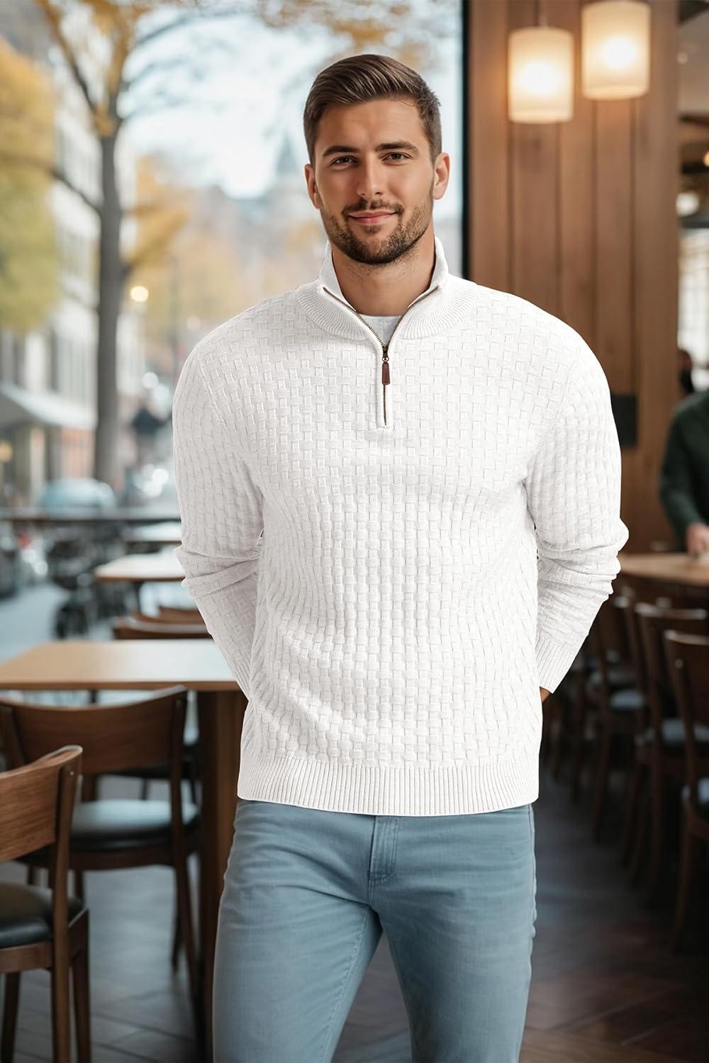 Askdeer Men's Quarter Zip Sweater Waffle Knit Sweater Mock Neck Polo Sweater Casual Pullover Sweater with Ribbing Edge - Image 3