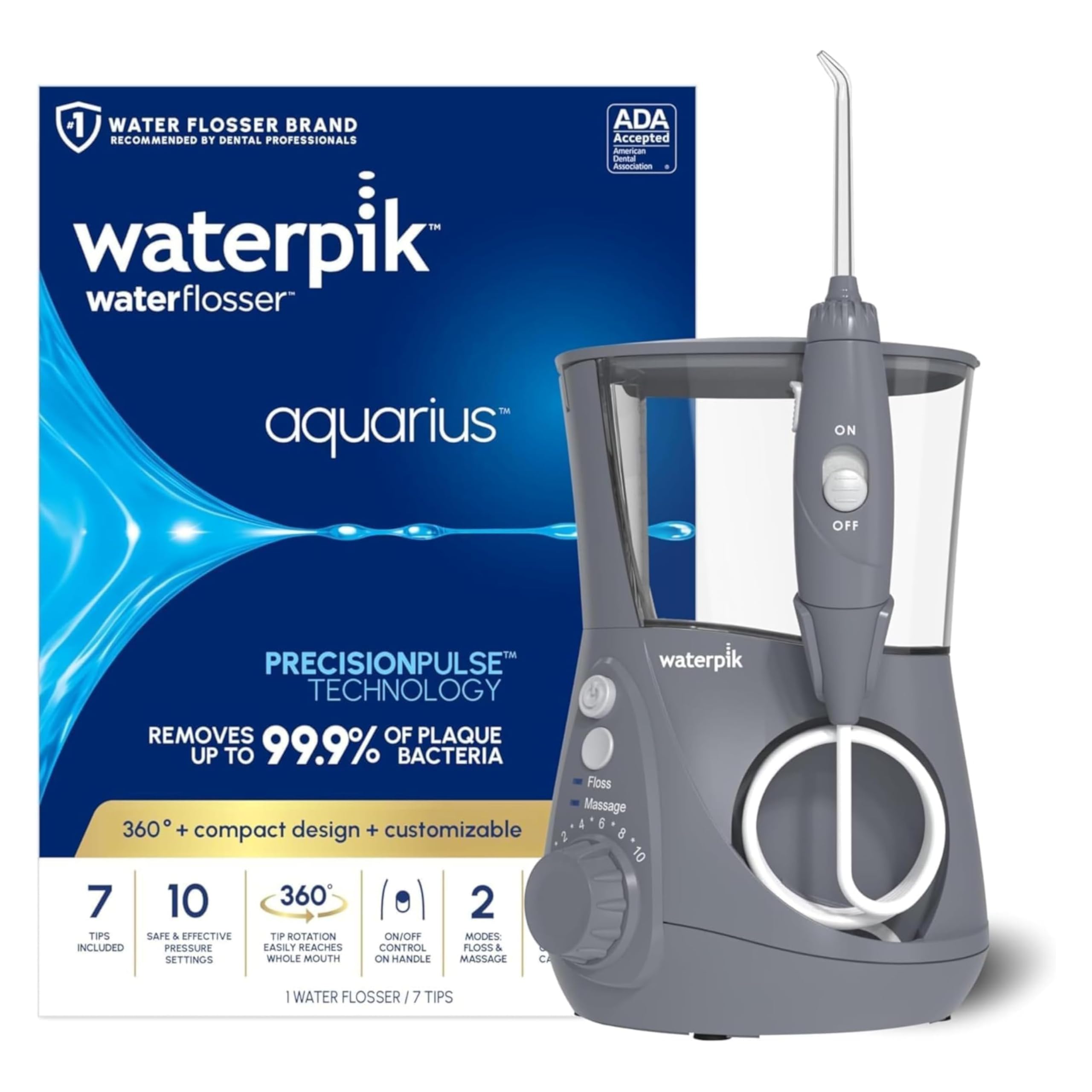 Waterpik Aquarius Water Flosser For Teeth Cleaning, Gums, Braces, Dental Care, Electric Power With 10 Settings, 7 Tips For Multiple Users And Needs, ADA Accepted, Gray WP-667, Packaging May Vary