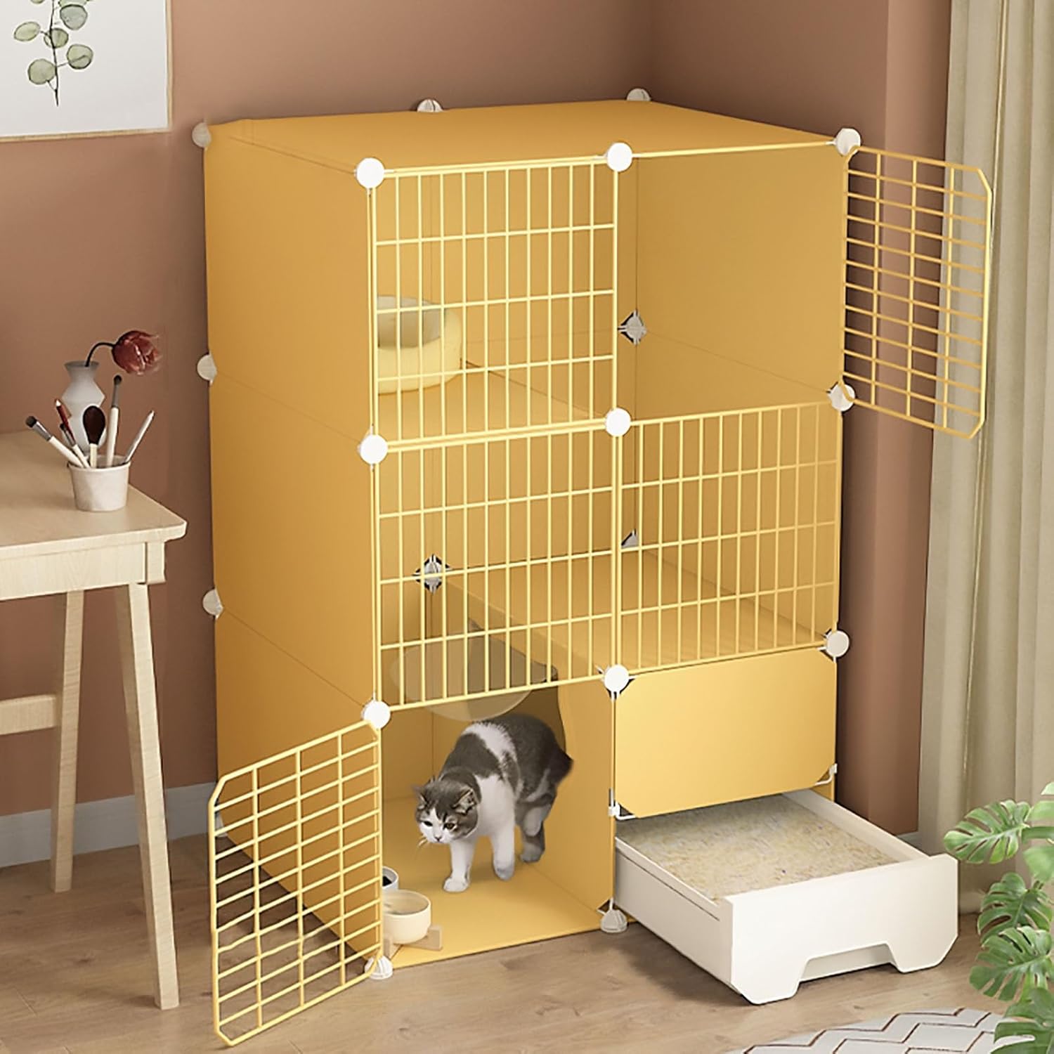 3-Tier, s Indoor with Closed Type Litter Box, DIY Cat Enclosure, Large 3 Tier Cat Kennels, Exercise Place for 1-2 Cats(Style1,75x49x109)