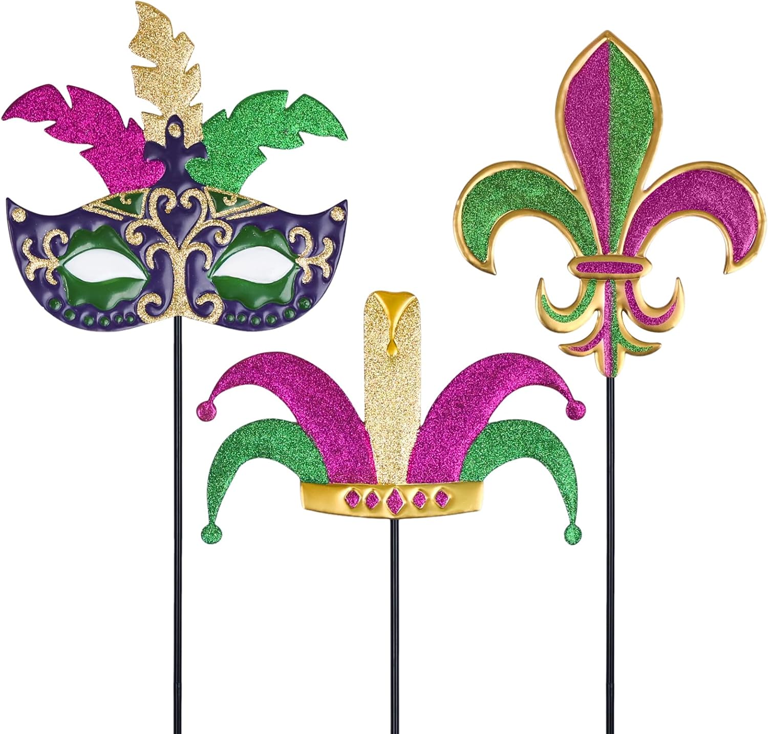 hogardeck Mardi Gras Outdoor Decorations, Set of 3 Metal 36" Decorative Garden Stakes with Mask Fleur-de-lis Jester's Hat for Mardi Gras Decor, Glitter Yard Sign for Outside Lawn Porch Backyard Party
