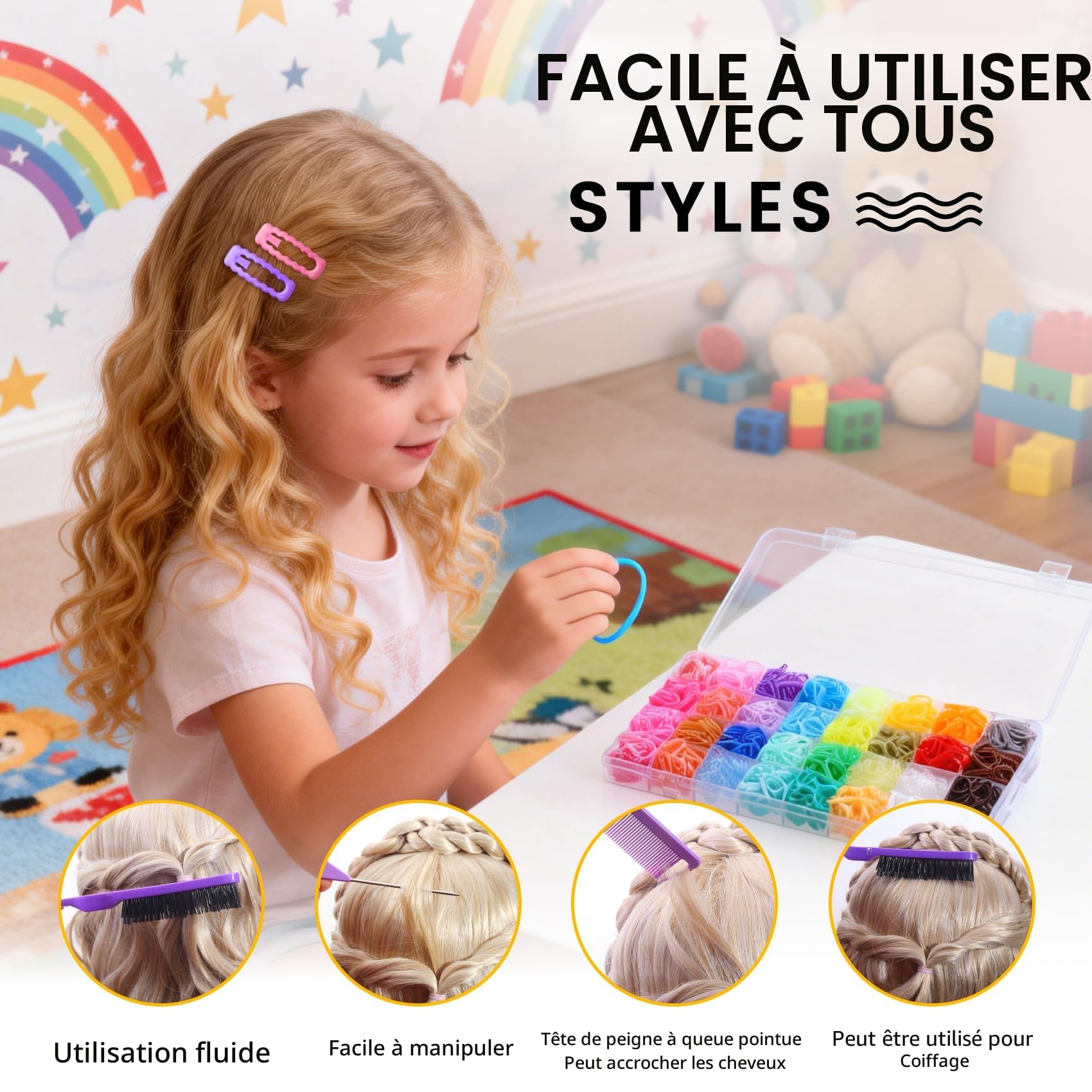 Mini élastiques pour cheveux en 32 couleurs – Set avec 16 outils pour le coiffage, 2000 mini élastiques, coupeur et accessoires de Noël pour filles