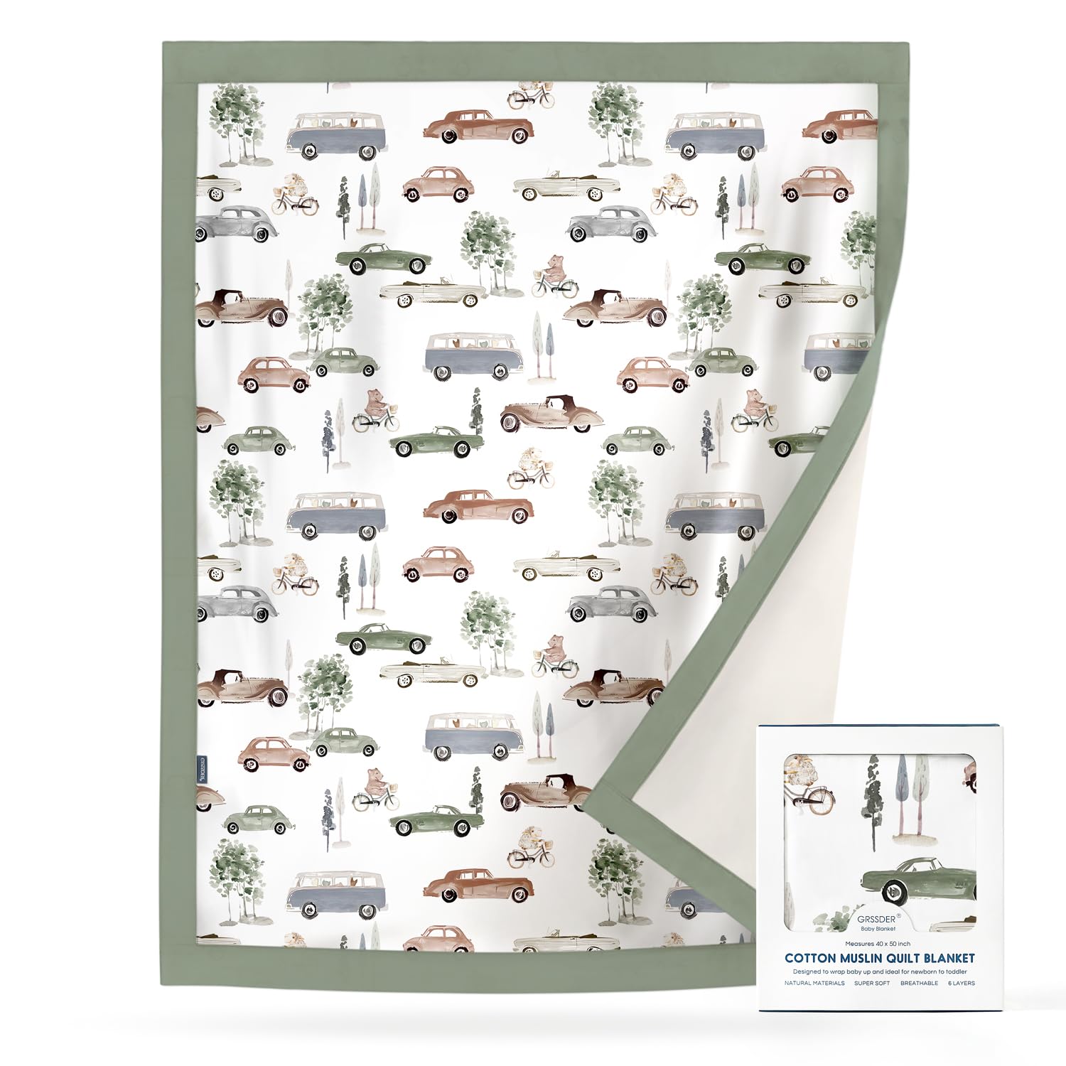 GRSSDER Cotton Muslin Quilt Blanket - Silky Soft and Breathable Baby Blanket Quilt, Oversized Muslin Blankets for Newborns, Toddlers &amp; Kids, 6 Layers Reversible Design for All Seasons, 40" x 50"