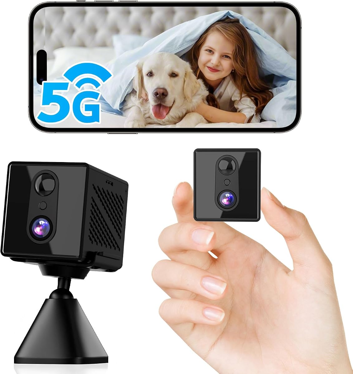 aidowocam Mini Kamera,5G WiFi Überwachungskamera Innen,Kamera Überwachung Innen,Kostenloser Cloud-Speicher, Lange Standby Akku Kamera,Bewegungsmelder,Nachtsicht,Unterstützt SD-Speicher