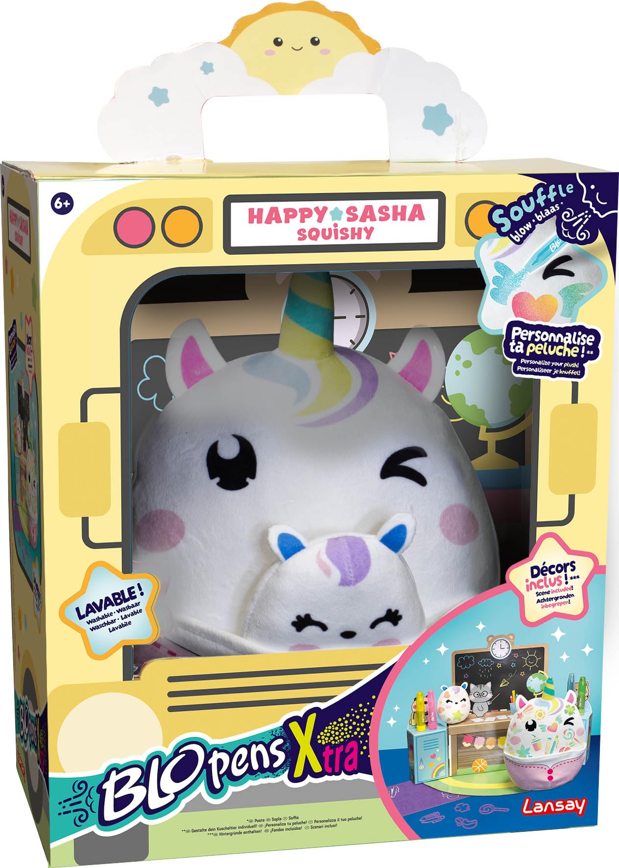 Lansay | BLOPENS X-TRA – Happy Sasha Squishy | Creative Set for Children with Felt Tip Blowers, Squishy Unicorn to Decorate, Inks and Stencils | Fun and Relaxing Drawing | Gift Idea from 5 Years