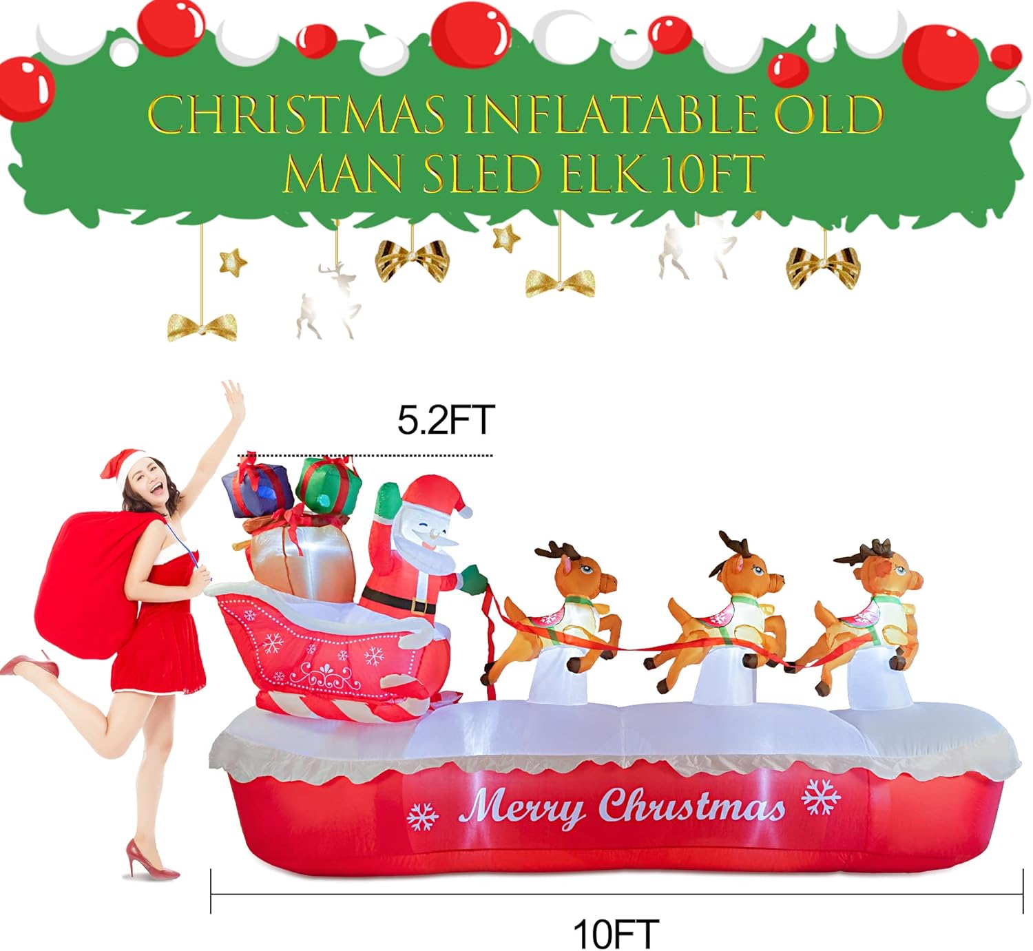 COOLWUFAN 10 FT Christmas Inflatables Outdoor Decorations Santa Claus on The Sleigh with Cute Elks, Blow Up Inflatable Yard Decoration Clearance with Lights for Christmas Party, Outdoor, Garden Lawn