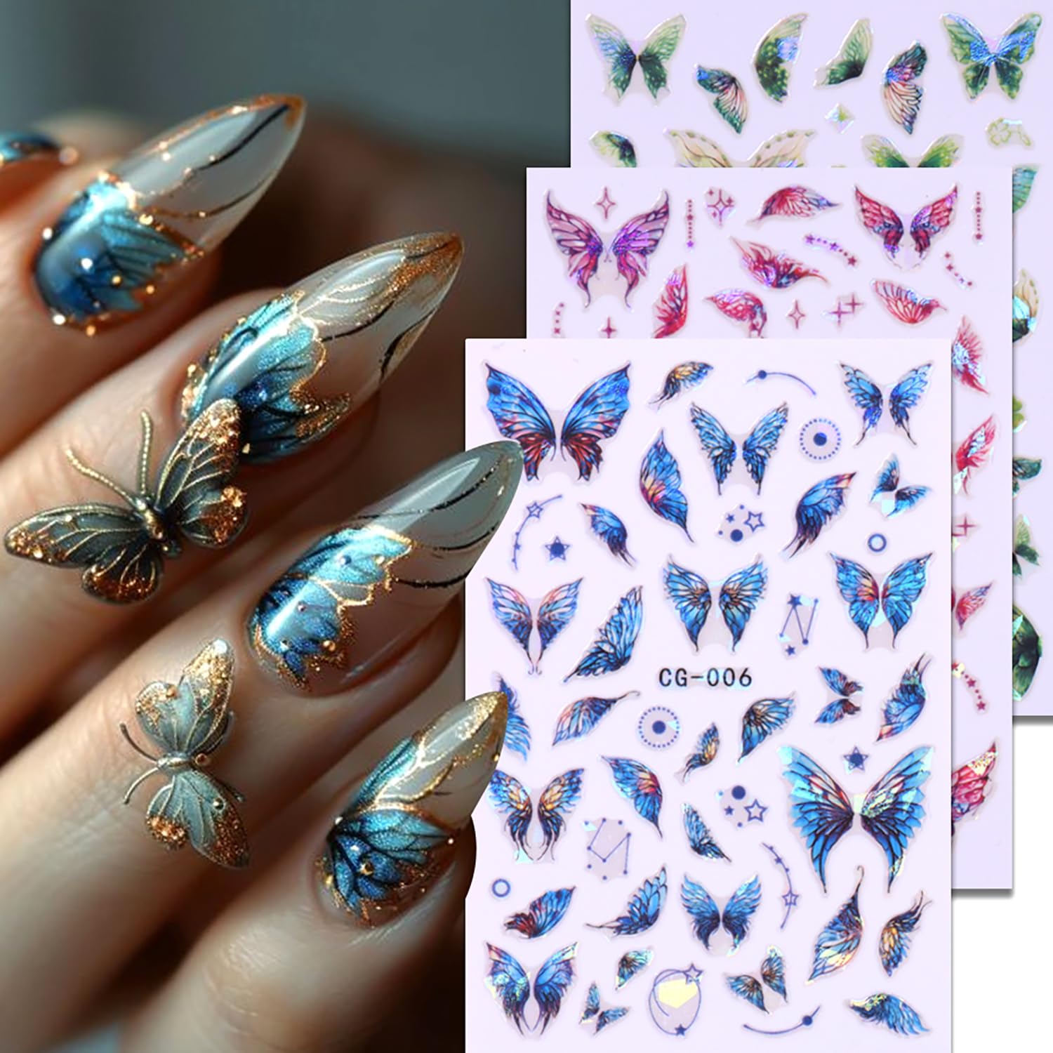 6 Sheets 3D Laser Butterfly Self-Adhesive Nail Decals - Wings, Love Heart, Stars Design for Acrylic Nails - Colorful Art Decoration for Women Girls