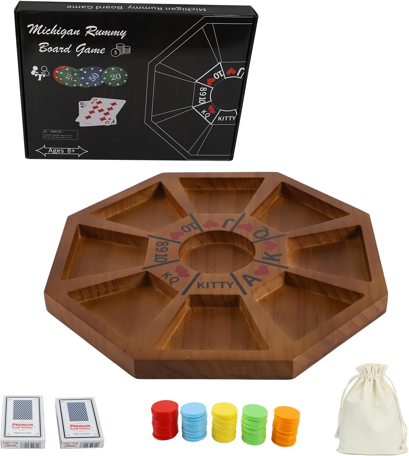 Jyquorp Michigan Rummy Game Deluxe Set Perfect Blend of A Royal Game of Hearts Rummy Poker Wooden Tripoley Board Game Betting Bluffing Game Classical Family Card Game for 100 Chips（Walnut）
