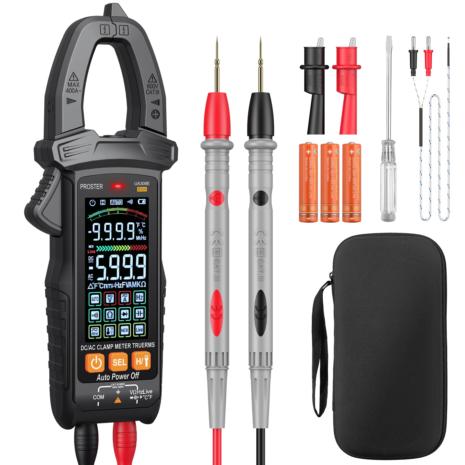 Proster Pinza Amperimétrica TRMS 6000 Cuentas - Medición de Corriente AC/DC 800A, Voltaje 600V, NCV, Resistencia, Diodo y Temperatura con Pantalla Grande y Bolsa de Almacenamiento