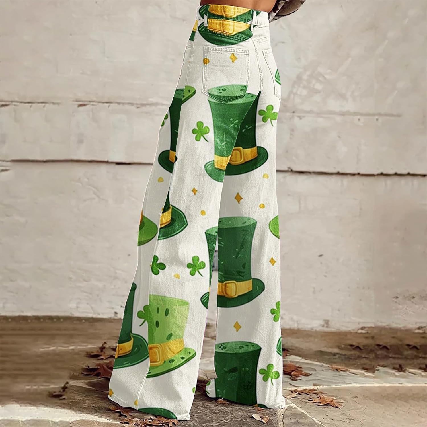 St Patricks Day Pants for Women High Waist Wide Leg Baggy Plus SizeIrish Green Shamrock Print Pant with Pockets - Image 6