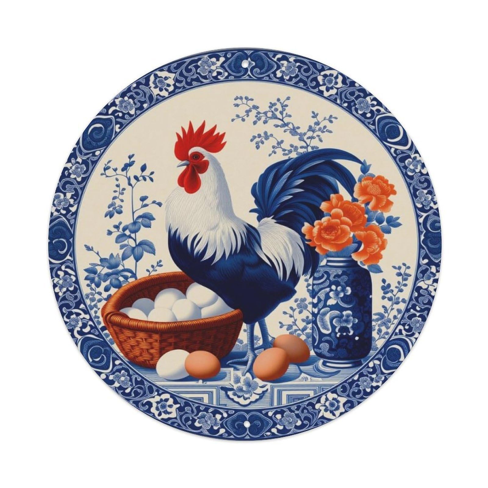 Blue And White Porcelain Style Rooster Round Decorative Sign Vintage Aluminium Metal Sign, Retro Wall Decor for Home, Bar, Garage & Farmhouse 20x20cm