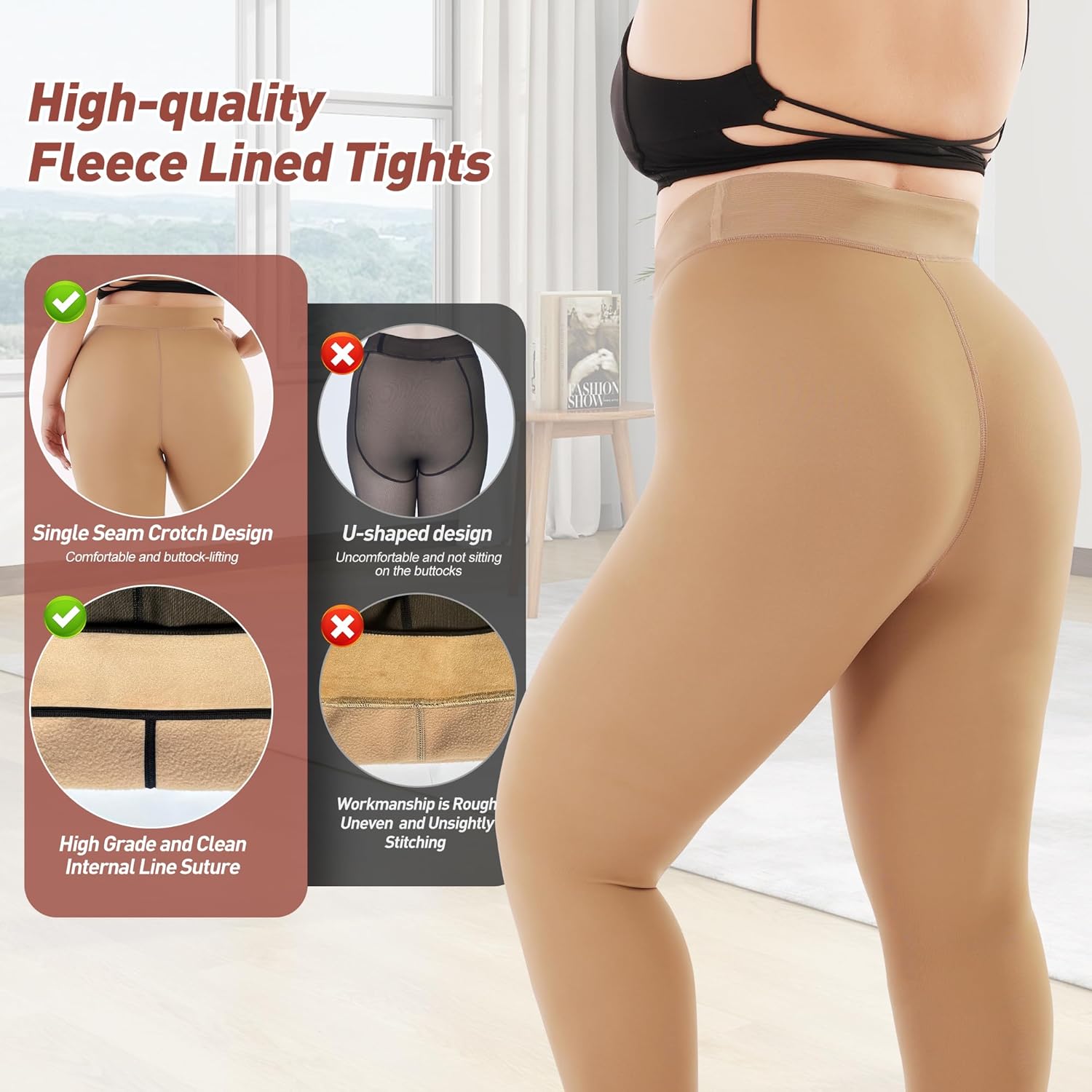 Plus Size Fleece Lined Tights Women, Fake Translucent Winter Thermal Pantyhose, High Waist Warm Thermal Leggings. - Image 2