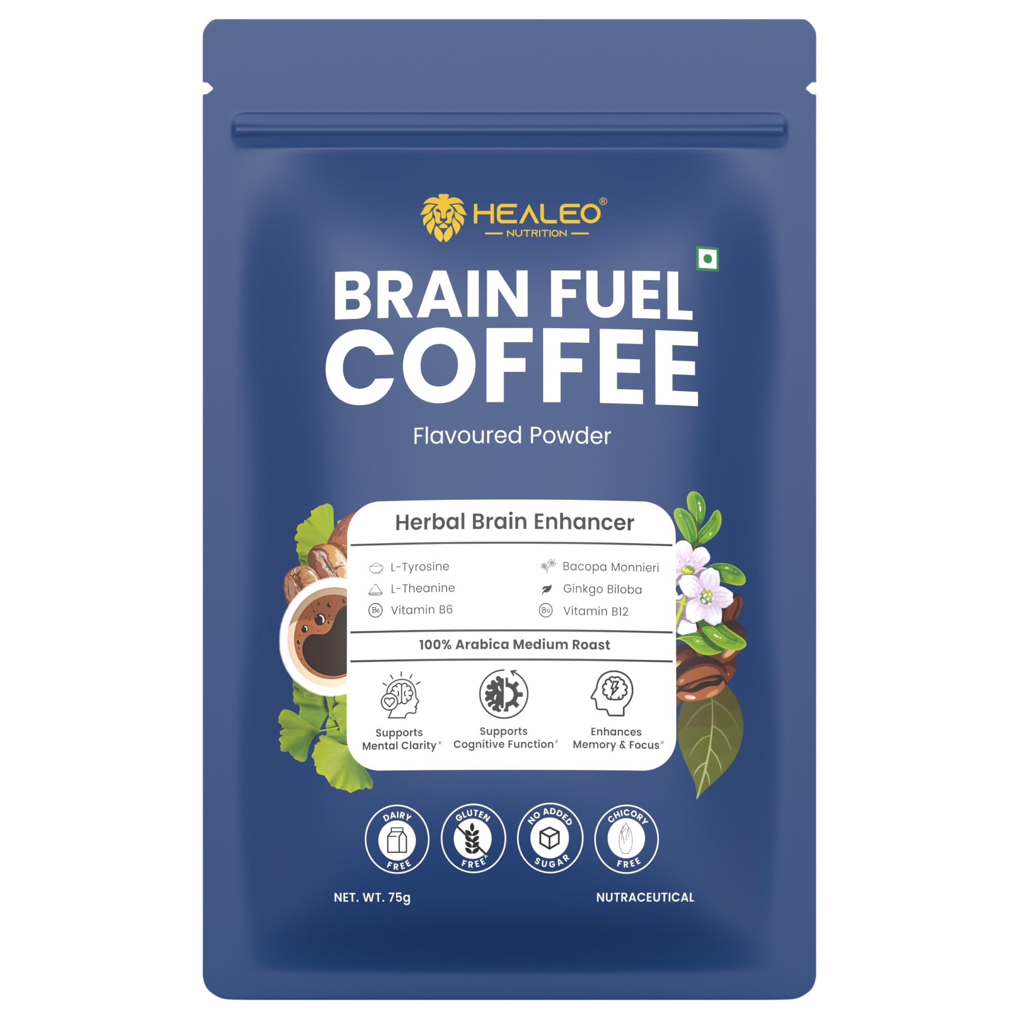 Healeo Brain Fuel Coffee 75g – Herbal Brain Enhancer with L-Tyrosine, L-Theanine, Bacopa, Ginkgo Biloba, B6 & B12 – Enhances Memory, Focus, Clarity – 100% Arabica Medium Roast – No Jitters-image-32
