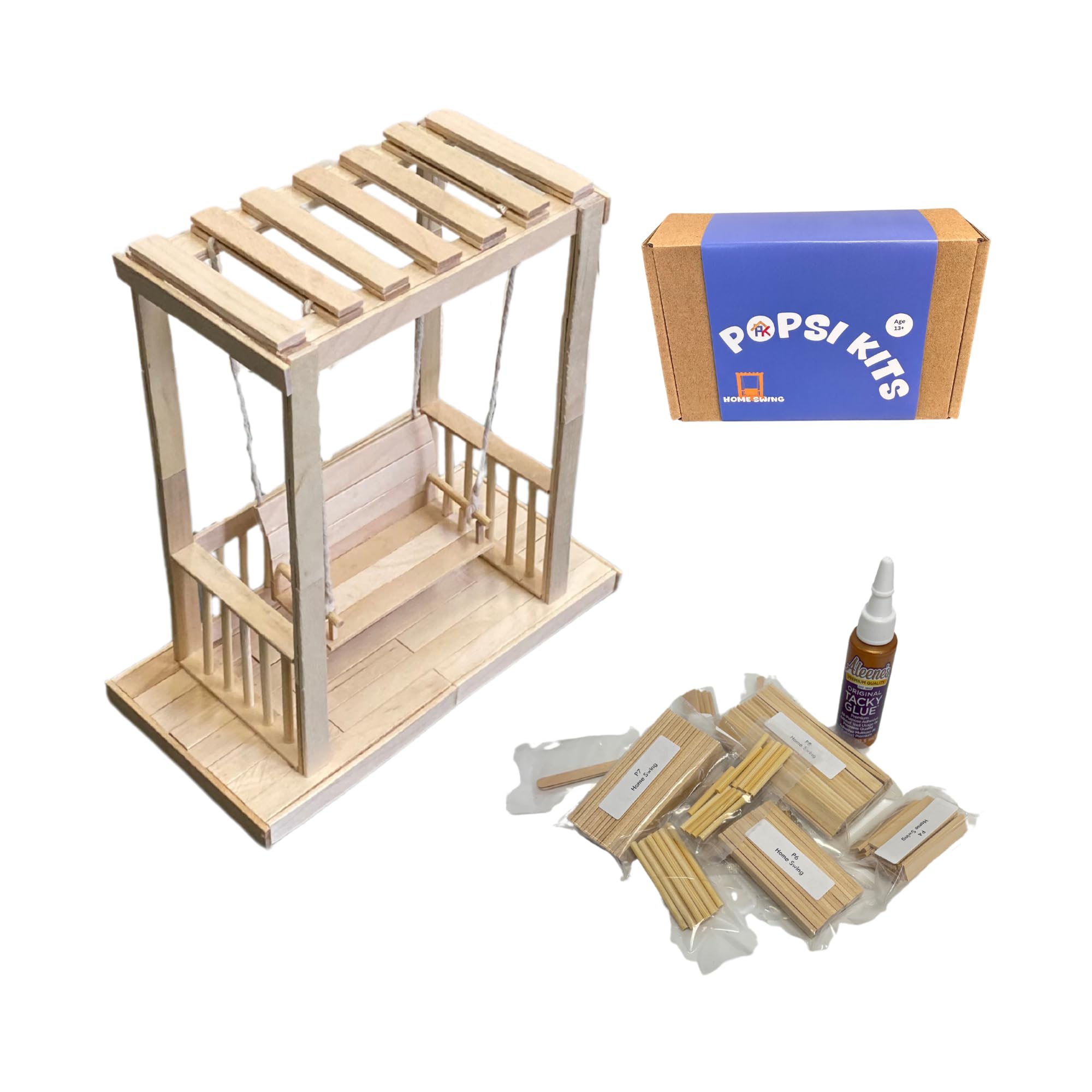 Summer Craft Kit - Popsicle Stick Swing DIY Model with 100+ Pre-Cut Pieces - Fun Screen-Free Building Activity - [Everything Included] by POPSI KITS