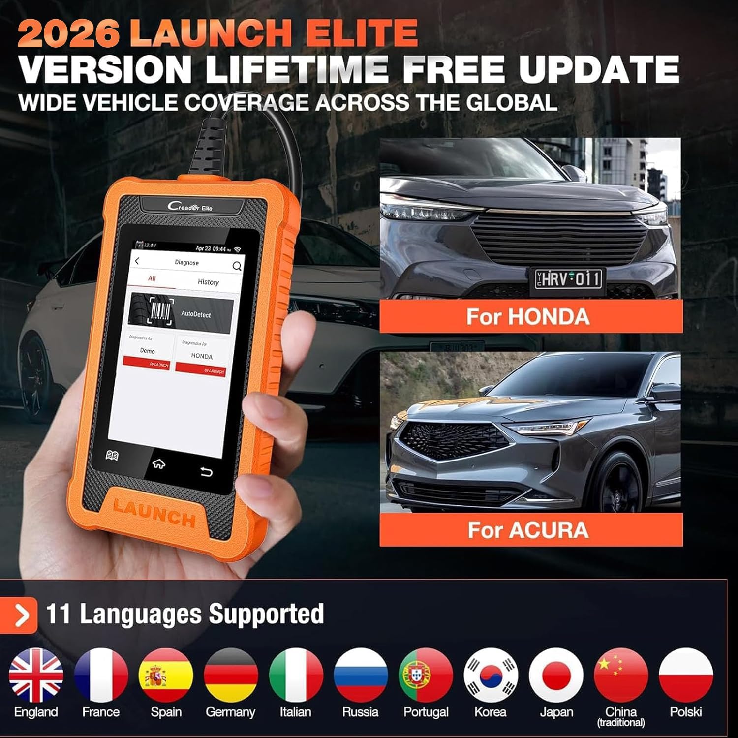 2026 LAUNCH Creader Elite OBD2 Scanner for Honda Acura, Full System Bi-Directional Diagnostic Scan Tool, Full Reset Code Reader, AUTO VIN, Battery Registration, Lifetime Free Update