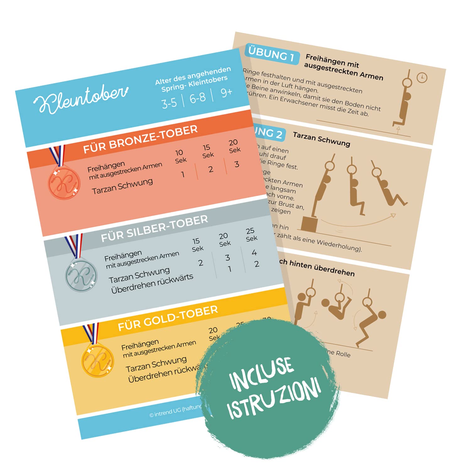 KLEINTOBER Anelli da ginnastica in legno di alta qualità, per bambini e adulti, per esterni e interni, altezza regolabile, con istruzioni per il fitness e lo sport, inclusi