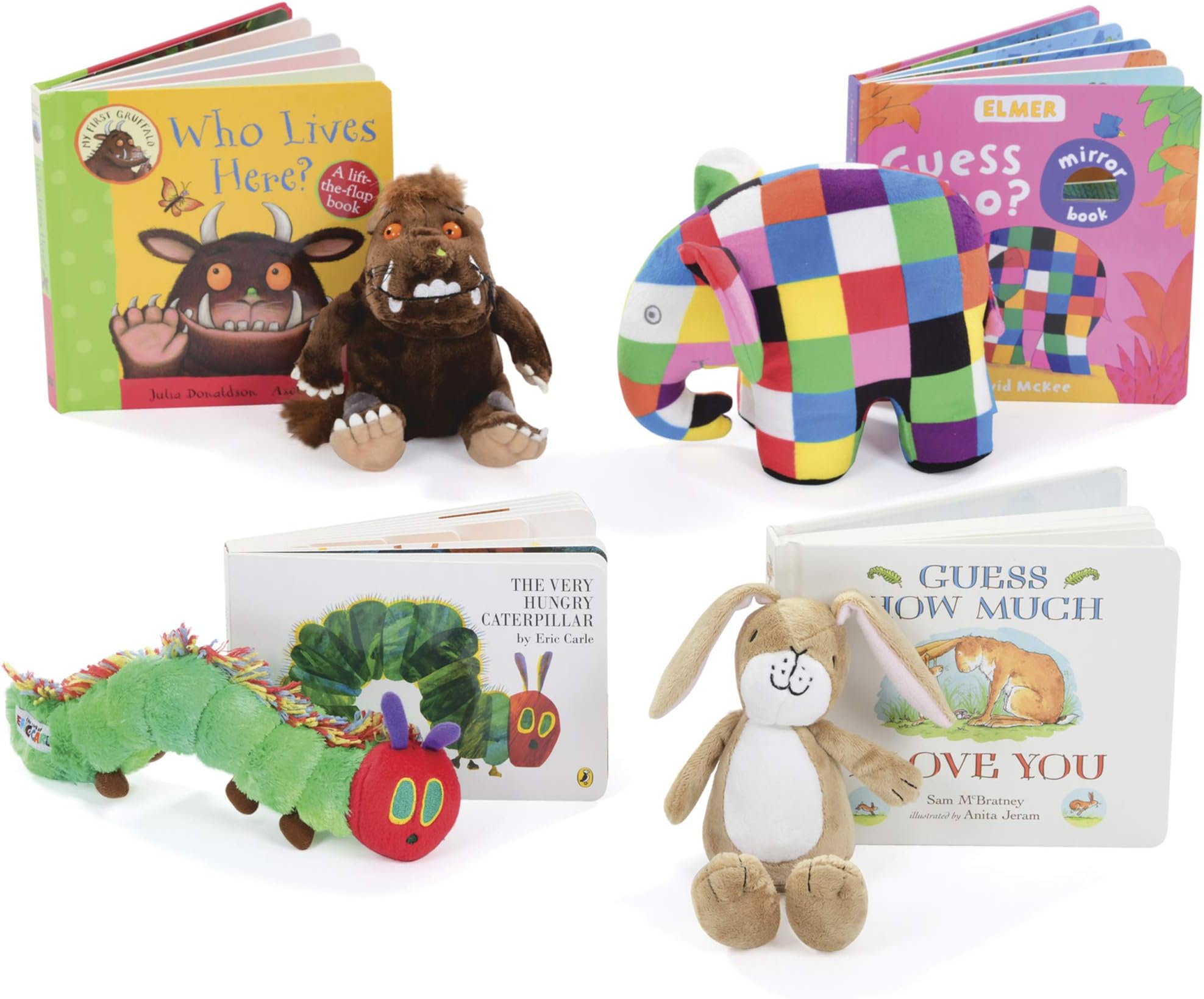 Favourite Stories Collection:Gruffalo Who Lives Here,Elmer Guess Who,Guess How Much I love You,The Very Hungry Caterpillar 4 Books Gruffalo, Elmer, Caterpillar & Nut Brown Hare Soft Toy Puppet Props
