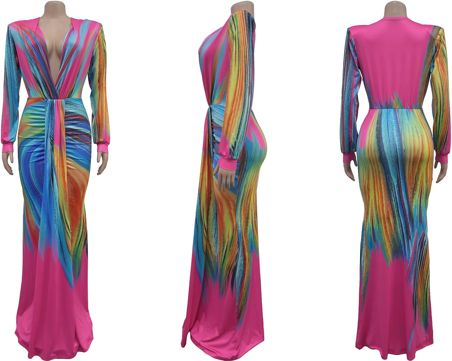 Long Sleeve Dress for Women Sexy V Neck Ruched Elegant Tummy Control Cocktail Party Bodycon Maxi Long Dress - Image 4