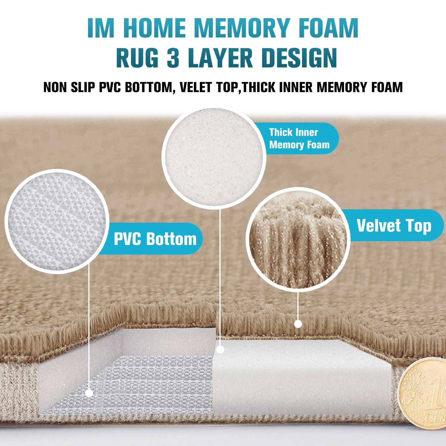 Memory Foam Bathroom Rug Velet Bath Mats Sets 3 Pieces Ultra Soft Non Slip and Absorbent Toilet Mats Set Carpet Washable, Taupe, Square Pattern