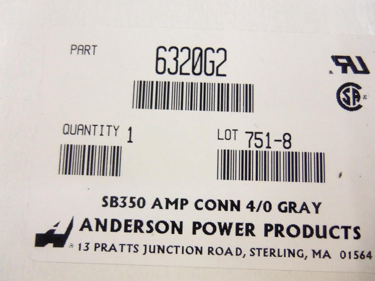 ANDERSON 6320G2 Grey 2-Position Pin Terminal Plug, Copper Contact, Polyethylene Insulation, Brass Material, 600F Temperature Rating, 60V Maximum Voltage