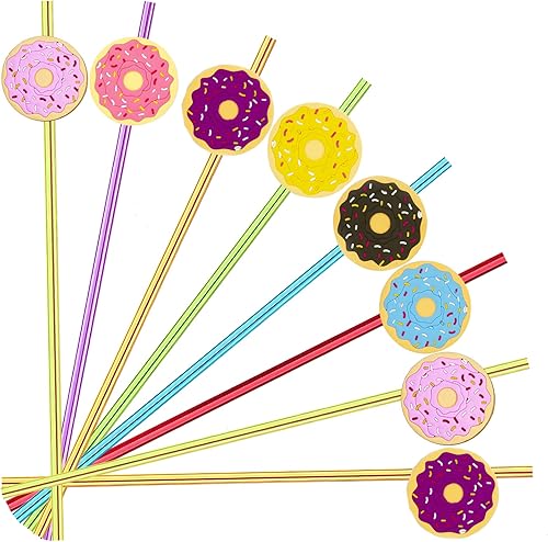 24 popotes reutilizables con forma de dona y arco iris loco para suministros de fiesta de cumpleaños, decoraciones de fiesta con 2 cepillos de