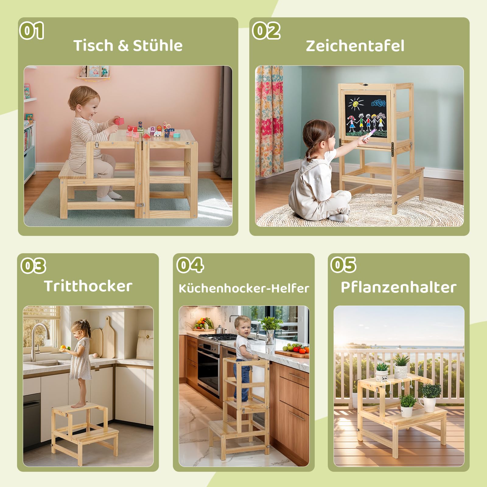 Bonnlo Lernturm mit drehbarer Tafel für Kinder, Lernturm klappbar ab 1 Jahr, Kinderstuhl aus Holz, für Küche und Bad, 45x45x84cm (Natur)
