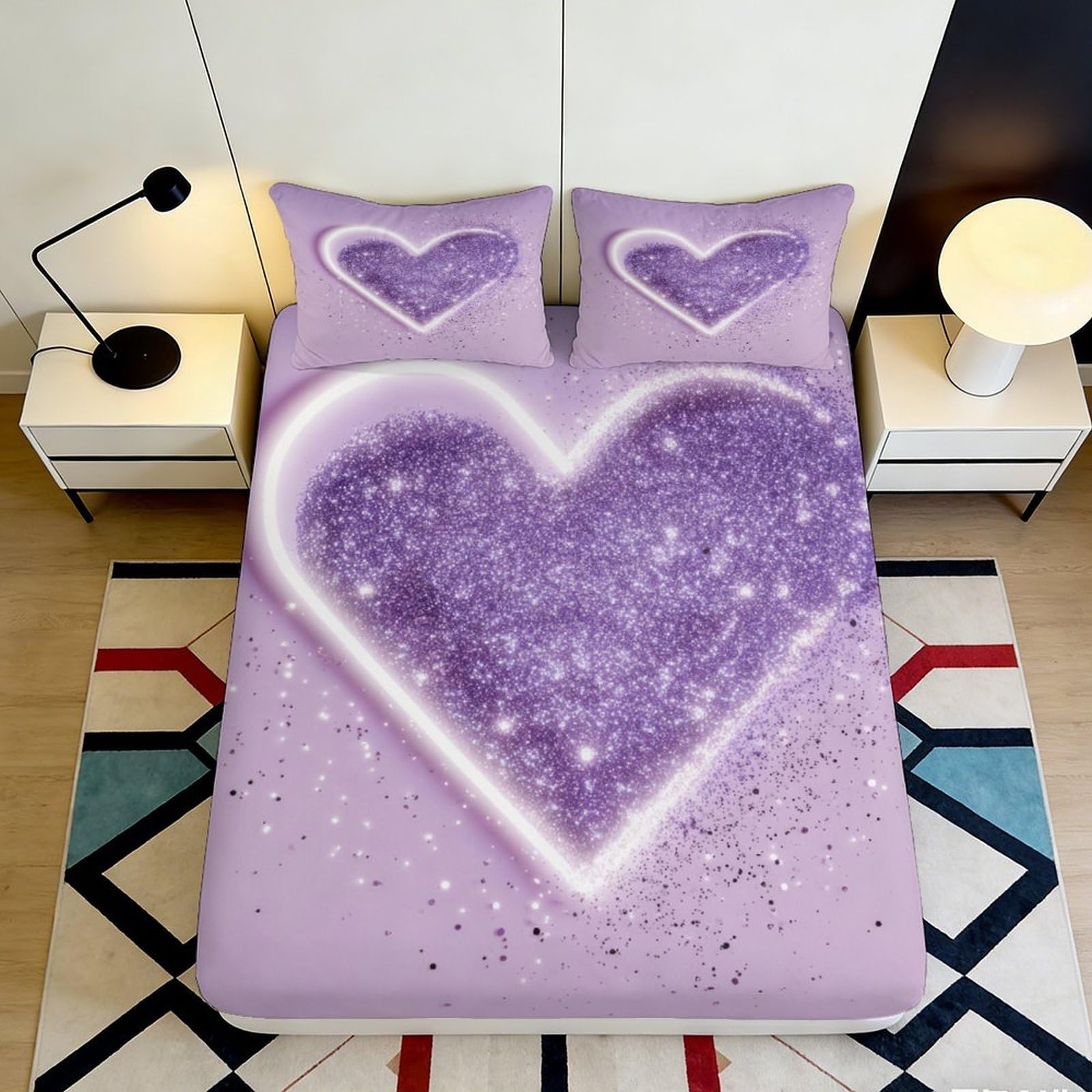 Decorative Purple Heart Fitted Sheet 3D Printed Microfiber, Soft Touch, Bed Cover, Easy Care, Apartment Bedding, Bedroom Decor, 110x200cm 90x200x25cm