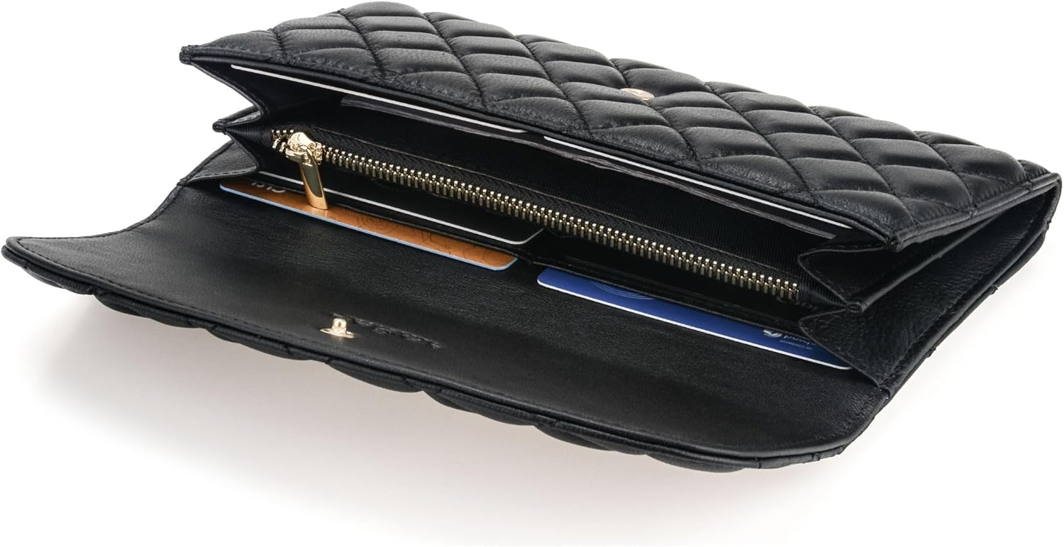 Luxury Quilted Leather Wallet Flap Long Wallet Credit Card Holder Coin Purse Business Card Holder Lady Clutch Gift for Women Girl Black - Image 3