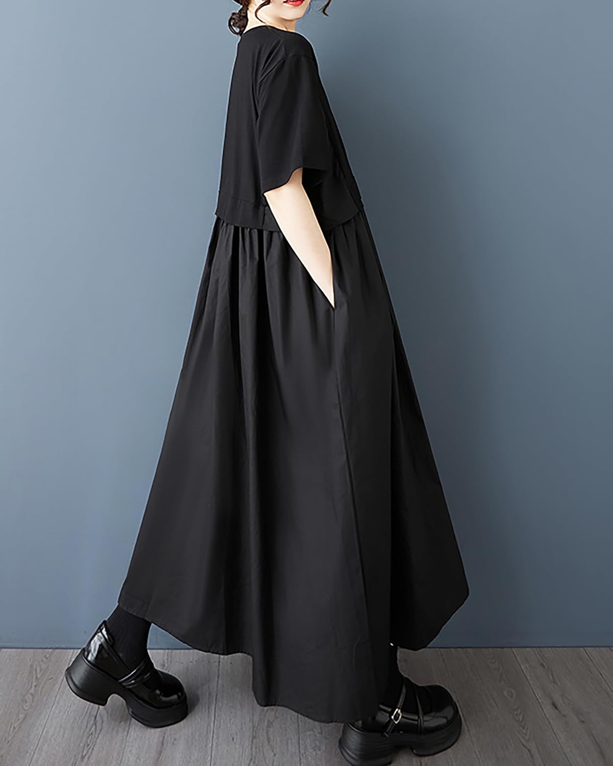 ellazhu Women's Dress Crewneck Short Sleeve A-line Solid Color Patchwork with Pocket GZ491 - Image 2