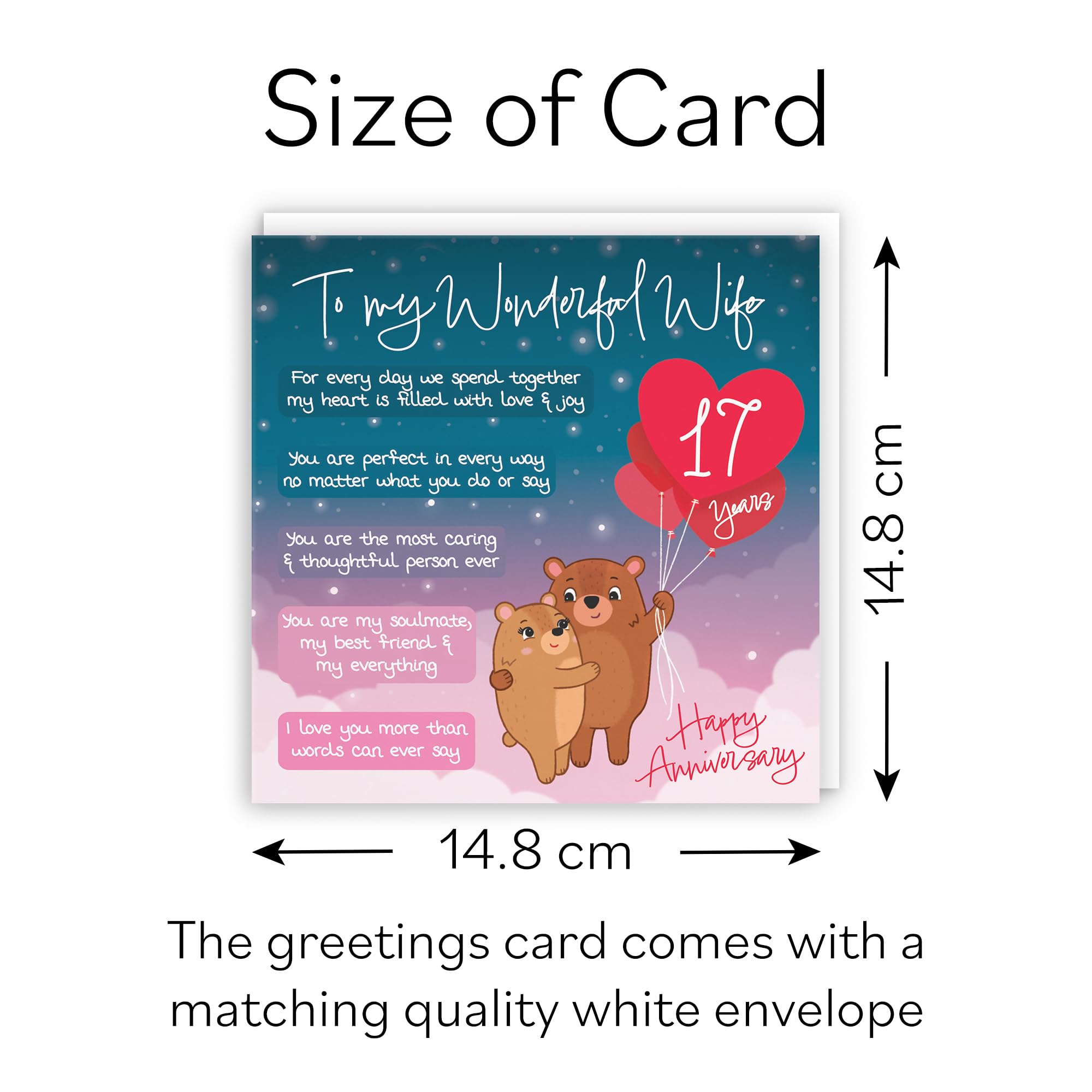 Hunts England - 17th Anniversary Card for Wife - Starry Night, Cute Bears, Romantic Poem, 17th Wife, Standard (148 x 148 mm) - Image 3