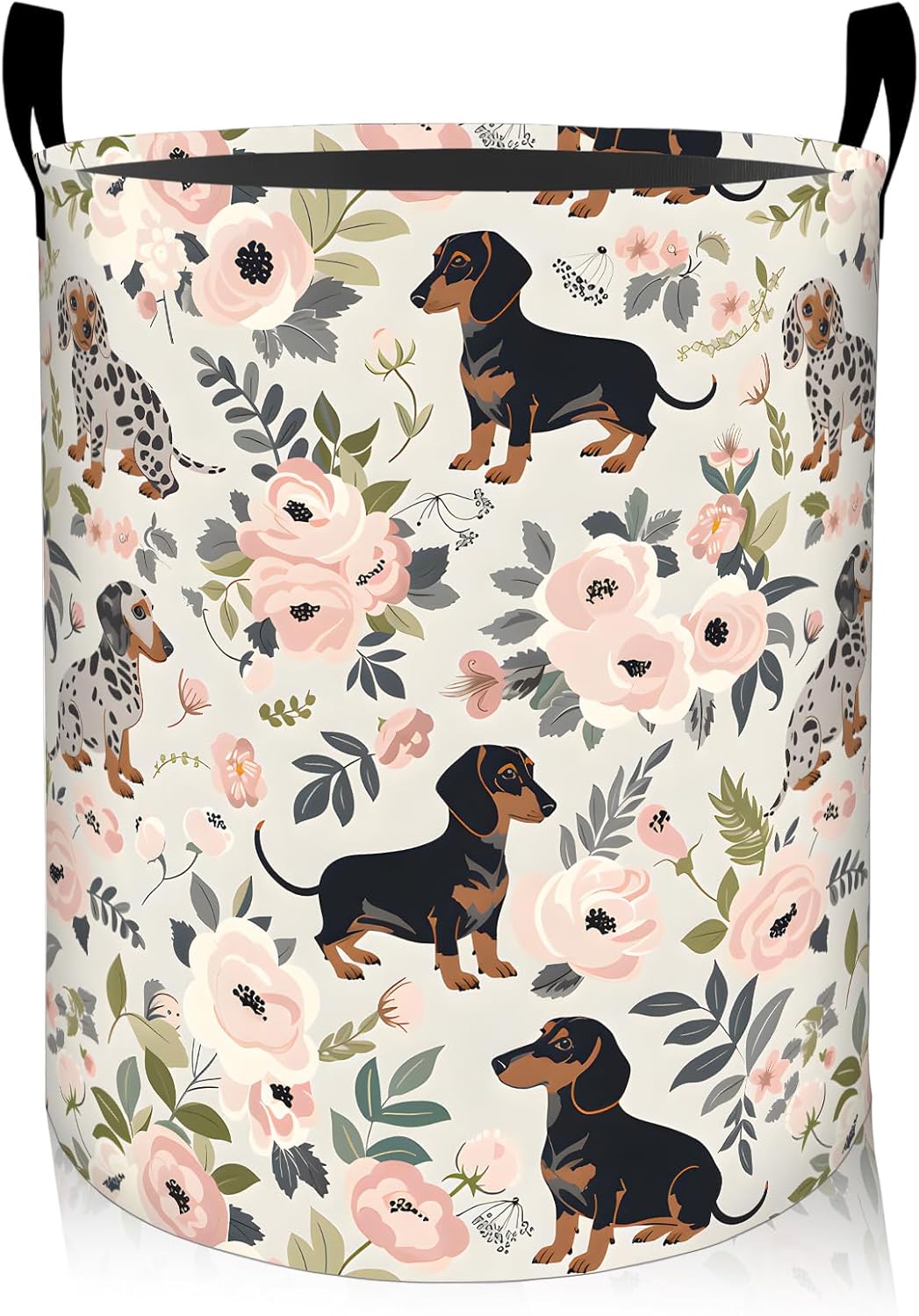 Floral Dachshund Dog Laundry Basket, Oxford Cloth Playful Dirty Clothes Collapsible Hamper for Room Decor, Flower and Puppy Print Gifts Toy Organizer 19.7 * 15.8 Inch for Bedroom Bathroom Dorm