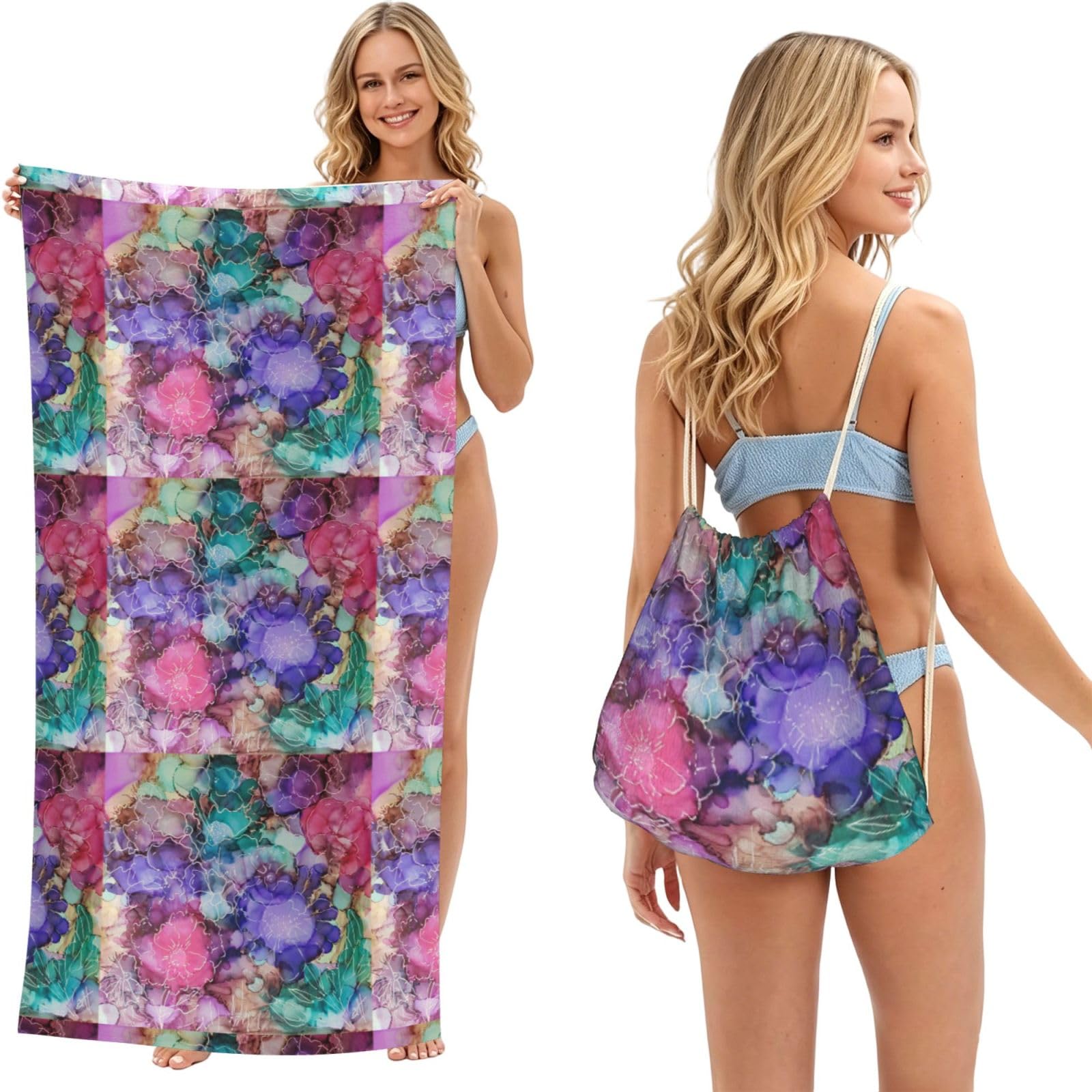 Poadnly As Picture Tie Dye Flowers, 2 In 1 Packable Towel Bag, Beach Towels With Drawstring Backpack For Travel Holiday Camping