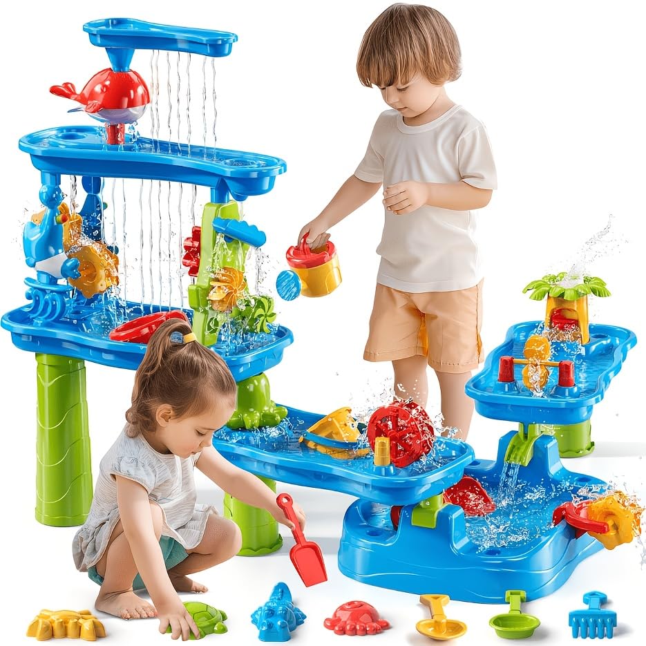 Hobubu Modular Water Play Table with Rich Accessories, Outdoor Sand & Water Activity Table for Toddlers Age 3+, Multi-Tier Sensory Play Table, Moulds & Beach Toys for Backyard Garden Summer