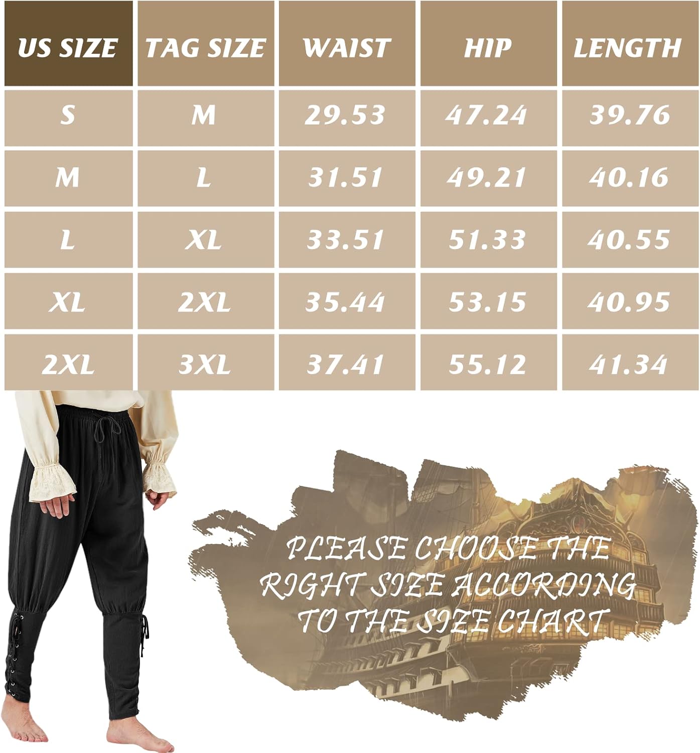 Men’s Pirate Pants Ankle Banded Renaissance Pant Medieval Viking Navigator Pants Halloween Costume Cosplay with Drawstrings - Image 5