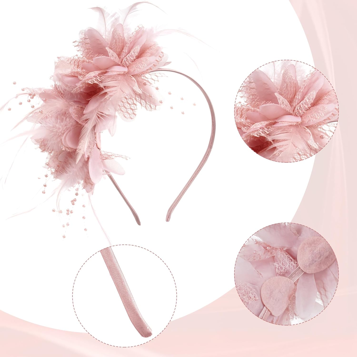 Fascinators Hats for Women and Tea Party Gloves Set, Headband with Feather Pearl Veil for Wedding Cocktail Dresses - Image 2