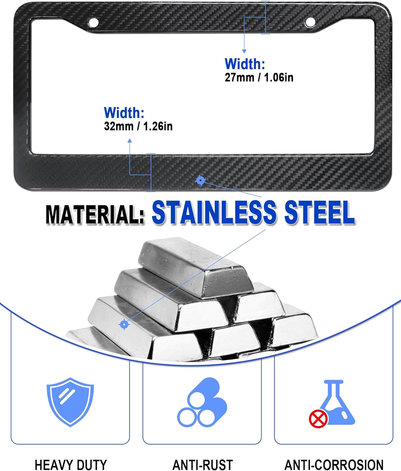 Carbon Fiber License Plate Frame- Stainless Steel Car Tag Holder Wrapped with Real Carbon Fiber, 2 Hole Wide Edge, Anti-Theft Screws Caps, Rattle-Proof Pad, 1 Pack for Front or Rear