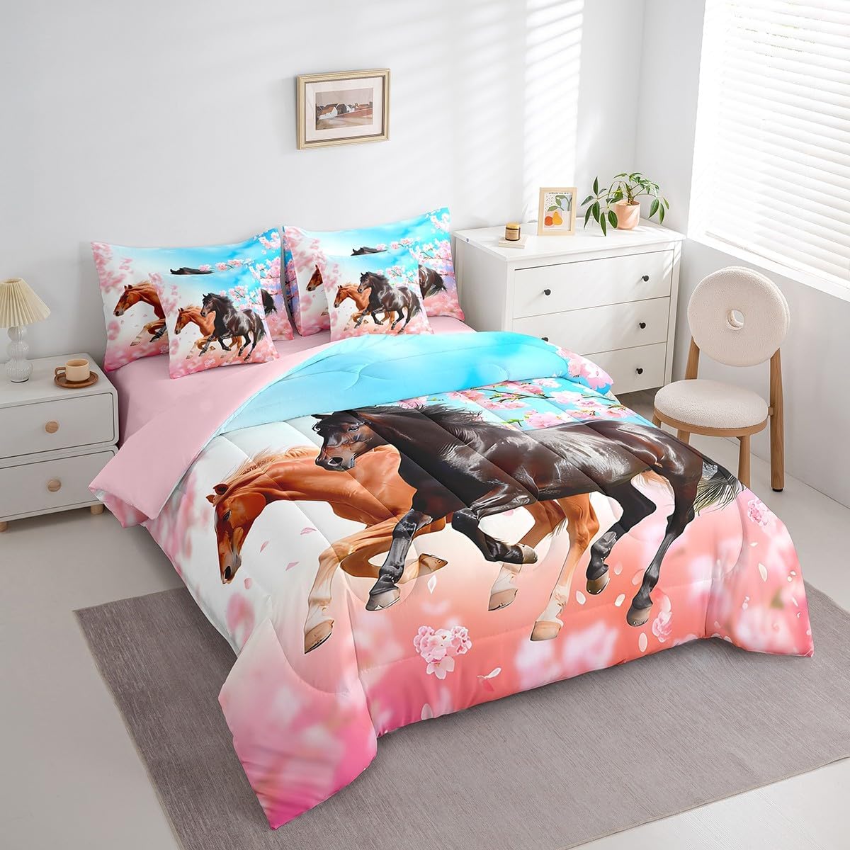 Feelyou Cherry Blossom Horse Comforter Set with Sheets Queen Size for Kids, Horse 7 Pieces Bedding Set Galloping Horse Bed in A Bag Boys Horse Bed Set 7Pcs