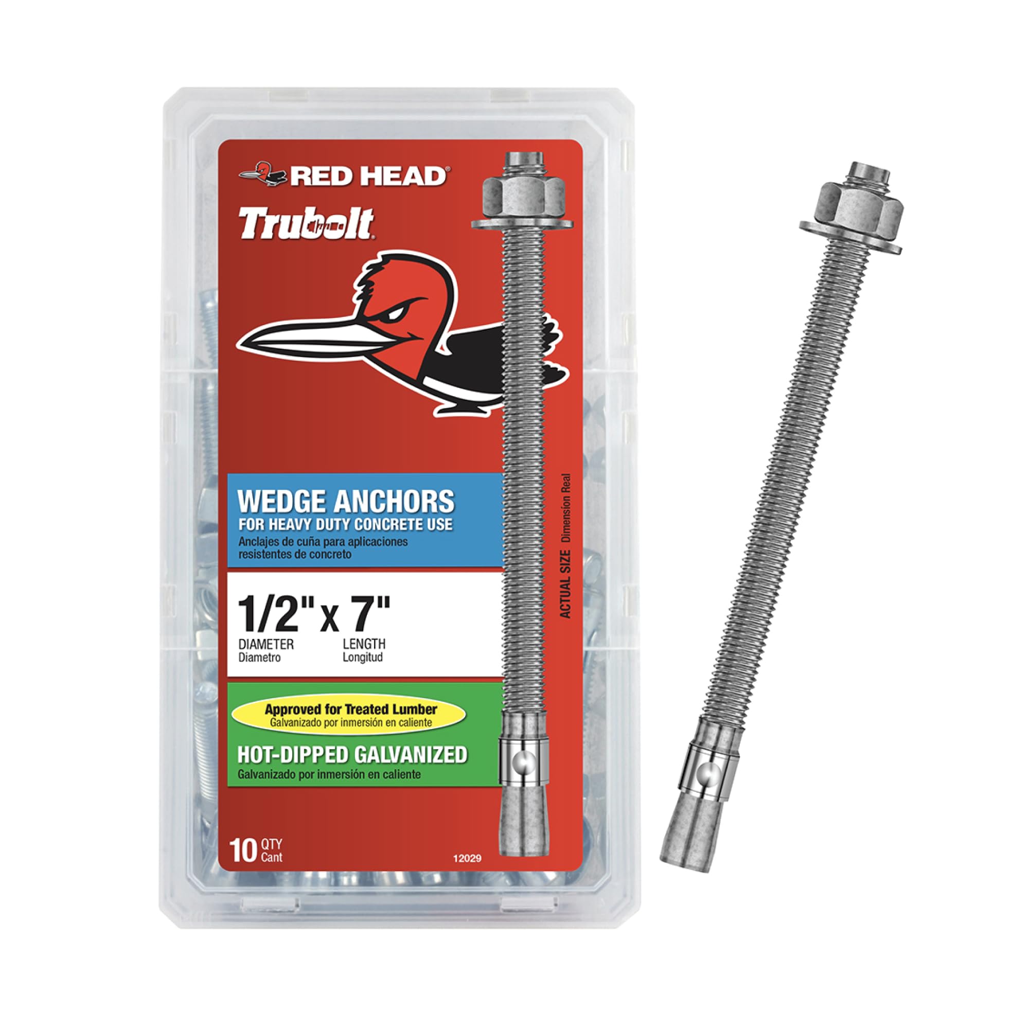 Red Head TruBolt® 1/2 x 7 Inch Wedge Heavy-Duty Concrete Anchors, 10 PCS, Versatile Threaded Design for Fastening into Solid Concrete with 360-Degree Contact, Hot-Dipped Galvanized