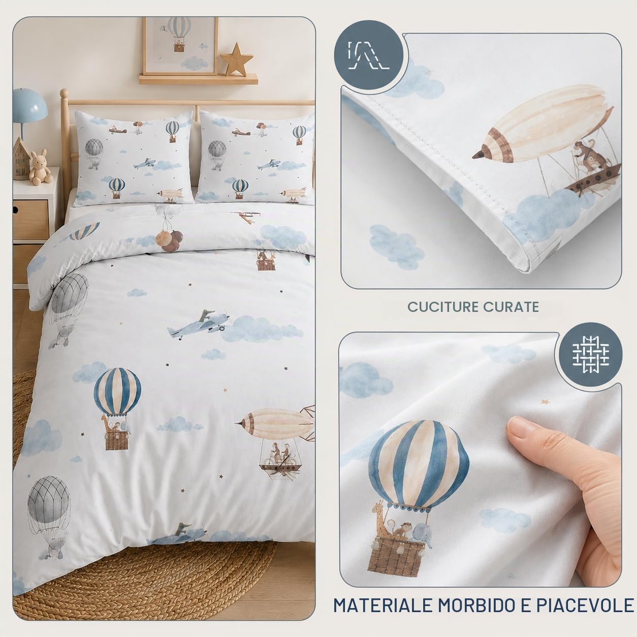 Mongolfiera Copripiumino Una Piazza e Mezza Aereo Set Biancheria da Letto in Microfibra di 3 Pezzi, 1 Parure Copri Piumone 200x200 con 2 Federe 50x80 cm con Cerniera