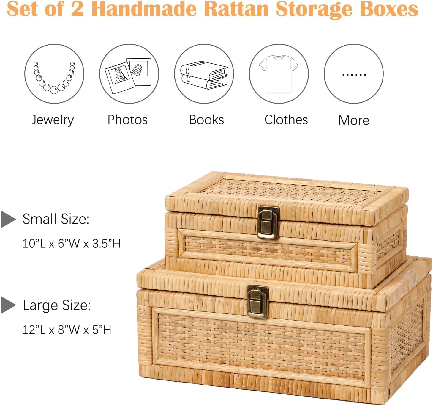 2PCS Rattan Box with Lid Decorative Natural Handmade Boho Baskets Woven Wicker Cane Bins Keepsake Memory Jewelry Boxes Rectangular Desk Shelf Closet Organizer Container (1 Large 1 Small)