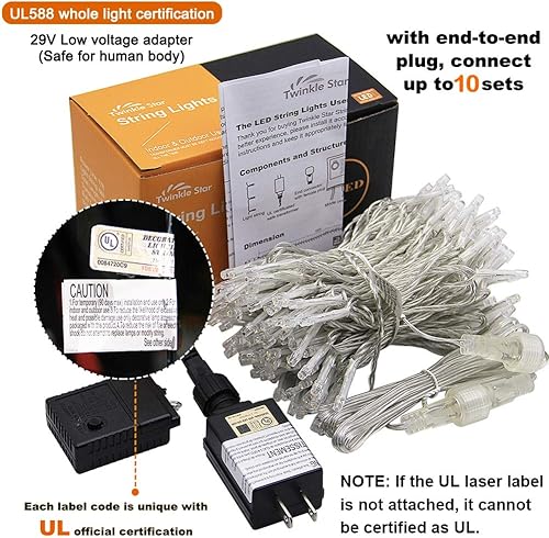 Miniatura 6 de Twinkle Star - Tira de 100 luces LED de 33 pies, color blanco, tira de luces enchufables, 8 modos, impermeable, para interiores y exteriores,