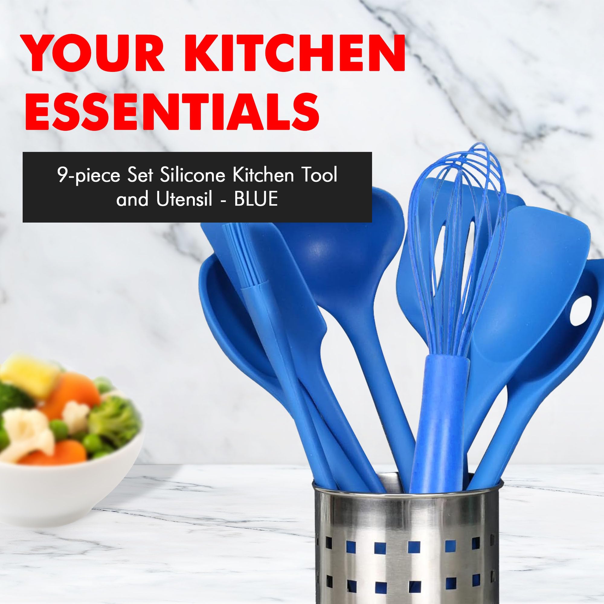 Chef Craft Premium Silicone Kitchen Tool and Utensil, 9 Piece Set, Blue