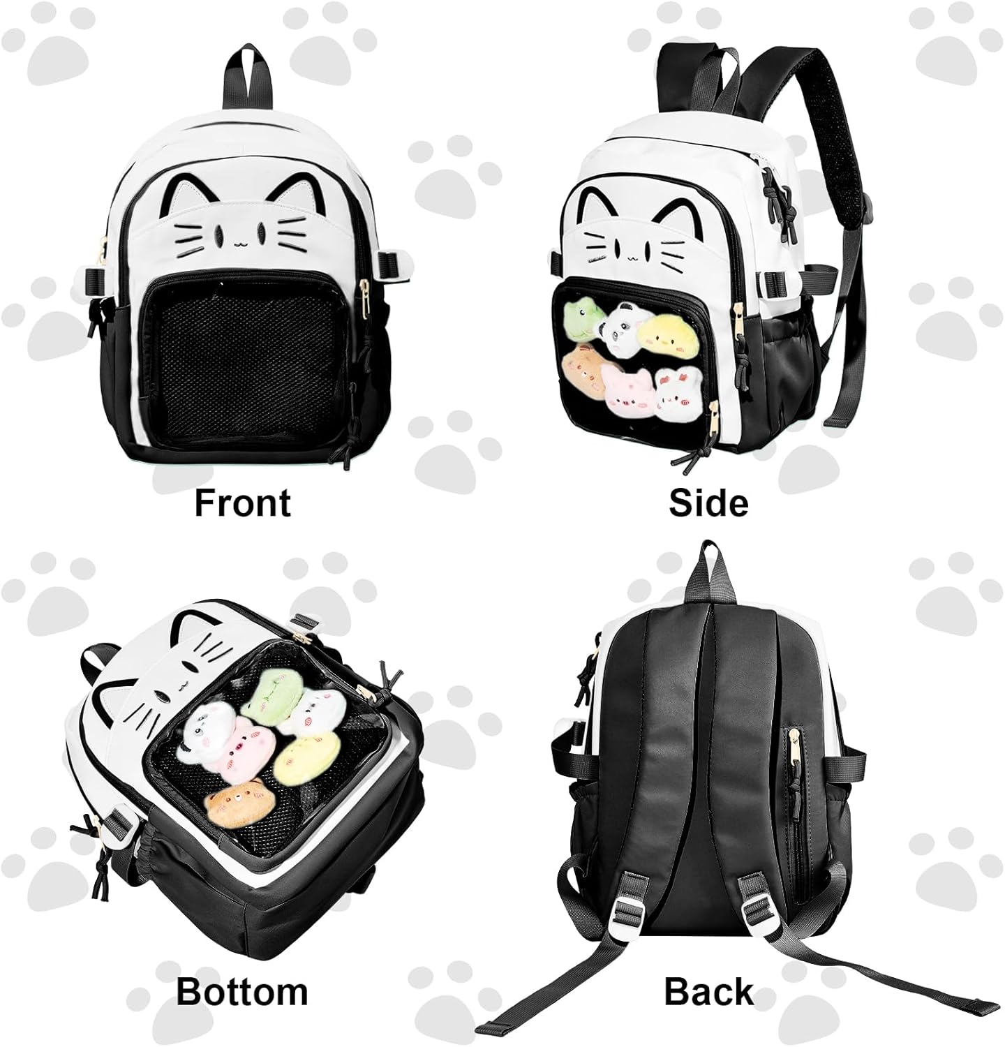 Kawaii Cat Ita Bag,Pin Purse,Pin Display Backpack Bag with Insert,For Daily Use and Cosplay(black-white,small)