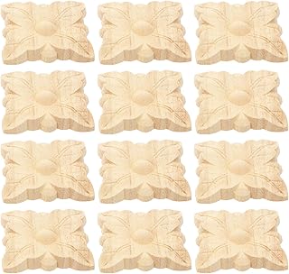 COHEALI 12 Pcs Square Wood Applique 2 Inch Unpainted Carved Wood Onlay Applique for Furniture - Decorative Carving Decals for Cabinets, Doors, Beds, Mirror - DIY Home Decor