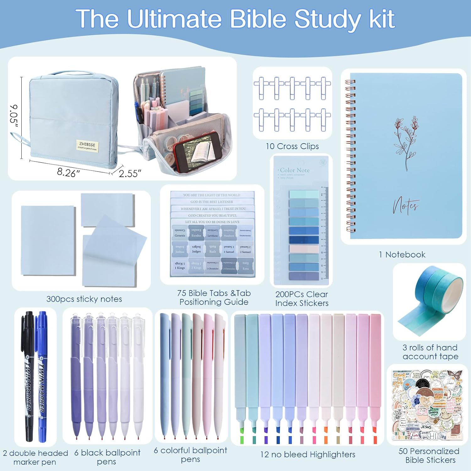J6&H6 170Pcs Complete Bible Study Supplies, Bible Journaling Kit, Foldable Pencil Case with 75 Tabs,12 Pastel Bible Highlighters More Bible Accessories Set for Women, Beginner Christian Gifts (Blue)