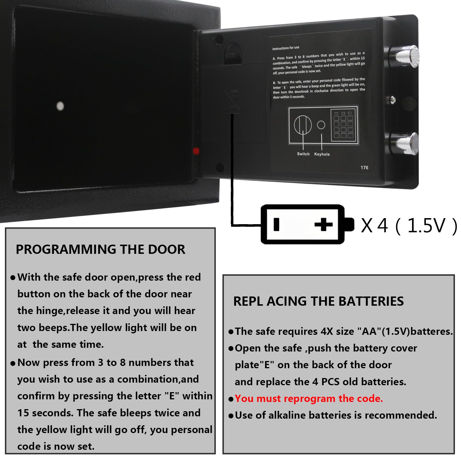 Yuanshikj Elektronischer Deluxe digitaler Sicherheitssafe mit Schlüssel, Tastatur, Schloss, Zuhause, Büro, Hotel, Geschäft, Schmuck, Waffe, Bargeld, Aufbewahrung von Geld (rot)