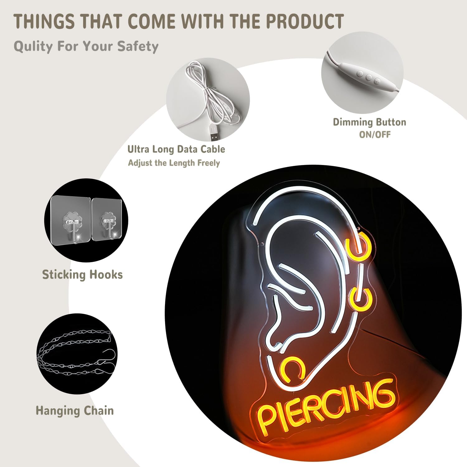 Ear Piercing Neon Sign for Wall Decor Dimmable Piercing Neon Light Sign Tattoo Led Sign Yellow White Neon Piercing Sign for Tattoo Accessaries Shop