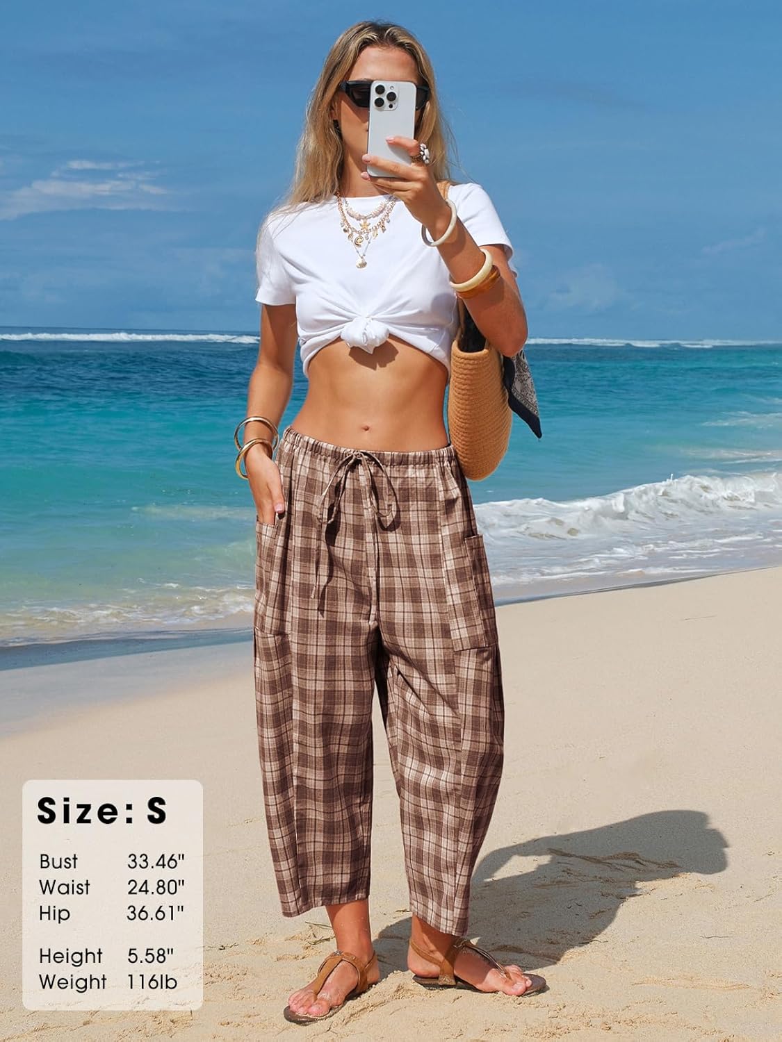 EXLURA Womens Cotton Faux Linen Gingham Barrel Capri Pants Plaid Palazzo Trousers Harem Pants Pockets Summer Beach Vacation - Image 6